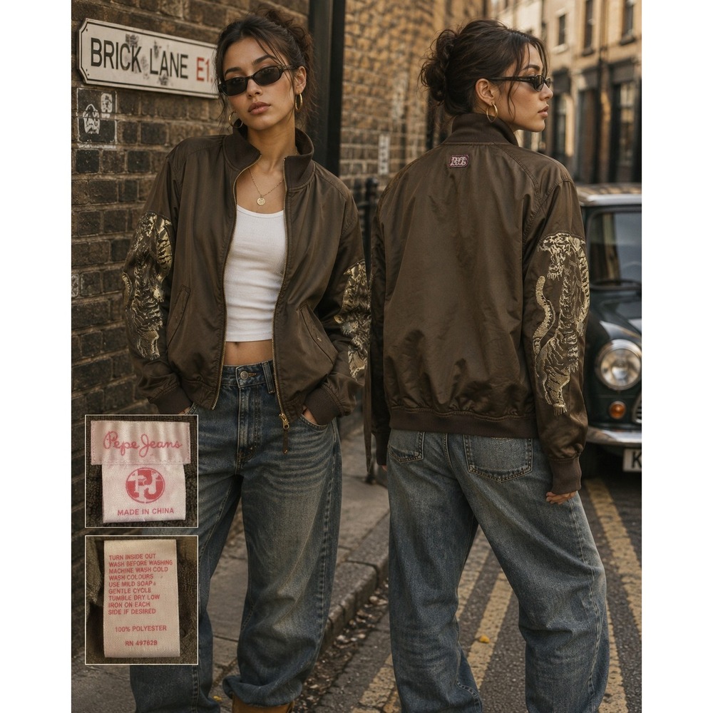 Pepe Jeans London Brown Track Jacket Gold Tiger Sleeve Graphic Y2K Funnel Neck L